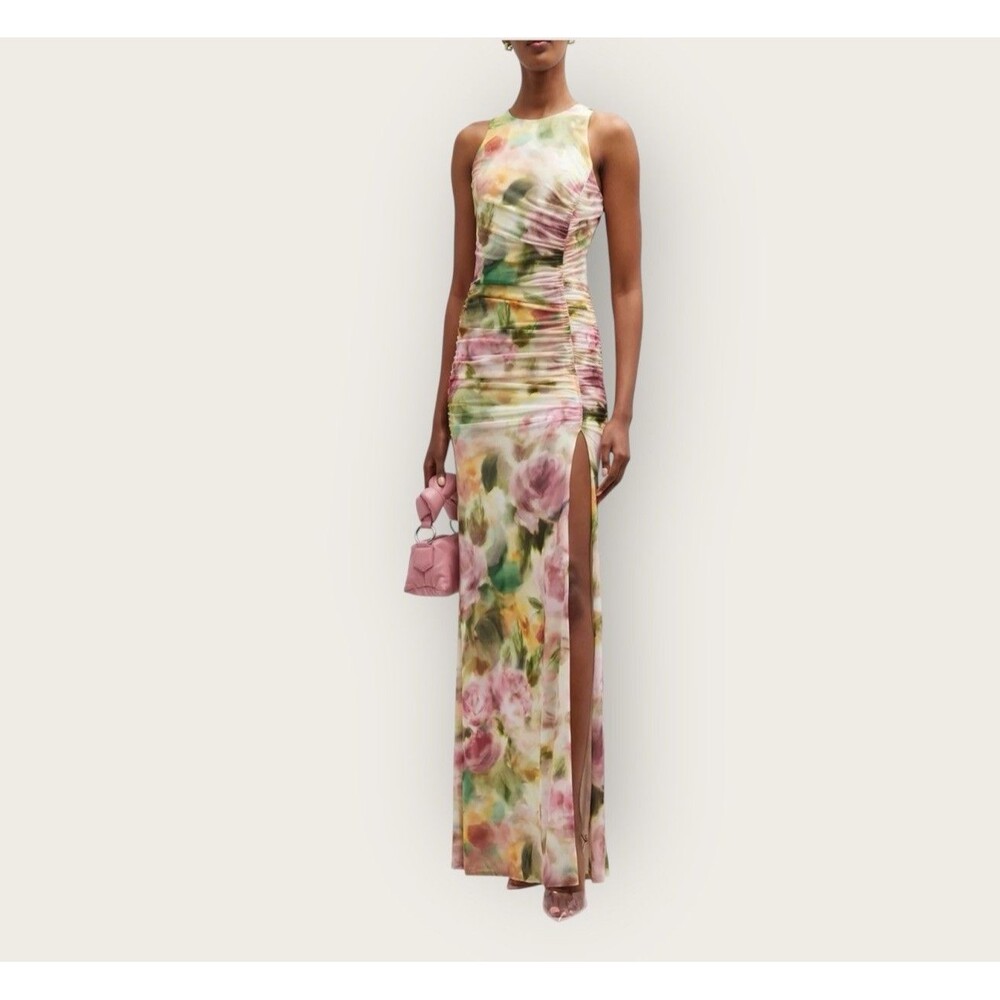 BLACK HALO Ruched Floral-print Cutout Gown In Petal Charm Sz XS